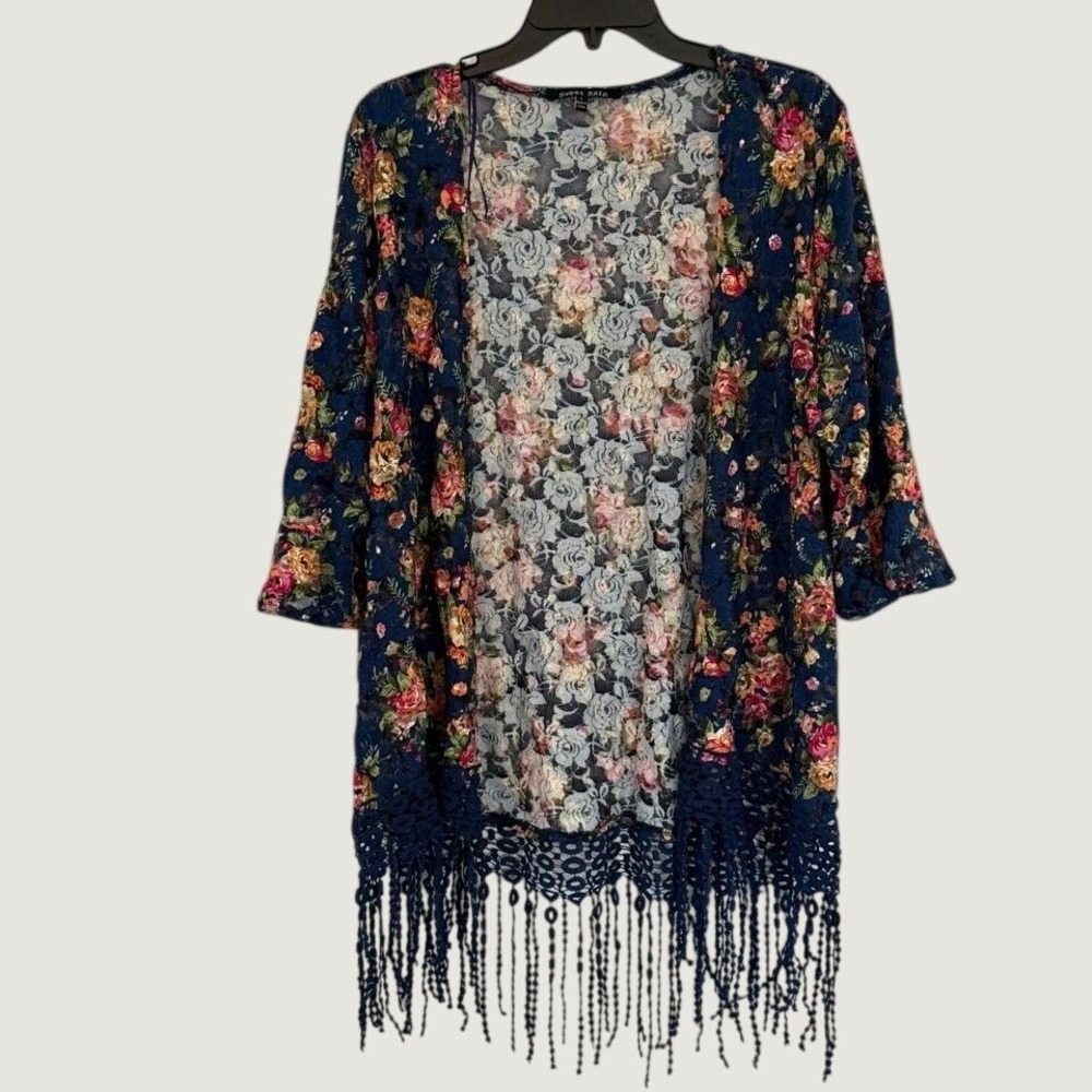 Sweet Rain Navy Blue‎ Floral Lace Kimono Fringe Tassel Open Front Wrap Large